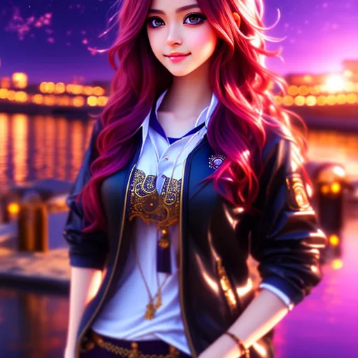 Prompt: Extra detailed, high quality, highly detailed, anime style, girl, beautiful face, beutiful eye, red eye, sweet smile, purple hair, (background in river), (show full body), high resolution, detailed body, detailed skin, 8k, perfect anatomy. 