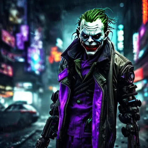 Prompt: Black, khaki and purple futuristic cyberpunk joker. Accurate. realistic. Bionic jaw. evil eyes. Slow exposure. Detailed. Dirty. Dark and gritty. Post-apocalyptic Neo Tokyo. Futuristic. Shadows. Sinister. Armed. Fanatic. Intense. Heavy rain. Explosion. Burning car in background