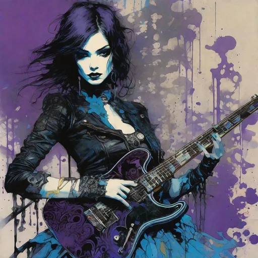 Prompt: Portrait of an gothic beautiful guitarist girl playing an electric guitar art by Jean giraud, Conrad Roset, john blanche, kent morkman, Chris Bachalo, Benedick Bana, William burroughs, calligraphy smoke inking, dripping black, purple blue and gold paint, Intricate portrait of ornate gothloli in ragged punk fashion, futuristic tattered rags, stylized fantasy art by wlop, artgerm, peter mohrbacher, bloodborne concept art, kentaro miura, kevin oneill, frazetta, trending on artstation, Masaaki asamoto beksinski frank miller lee bermejo Marc Simonetti egon schiele Joaquín Sorolla Simon Stalenhagmat brown  Matti Suuronen Jeffrey Larson druillet Tom Thomson Ross Tran James Turrell Van Gogh frazetta Rembrandt Louis Wain