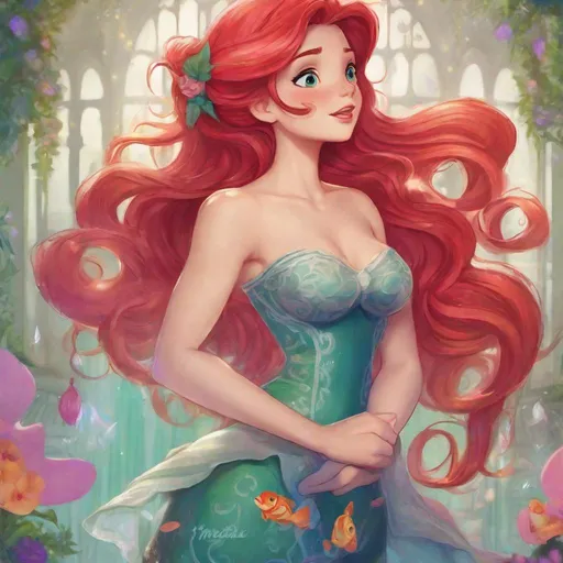 Prompt: Vivid, detailed, Disney art style, full body, Ariel Disney Princess, Hair part on left side, full body, cute