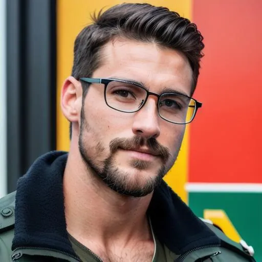 Prompt: Handsome adult college guy, hairy chest, pubic hair, wearing clear glasses, facial hair, military crew cut, in tight outfit, outside on track field, ((slim, muscular)), photorealistic, photo, masterpiece, realistic, realism, photorealism, high contrast, photorealistic digital art trending on Artstation 8k HD high definition detailed realistic, detailed, skin texture, hyper detailed, realistic skin, best quality 