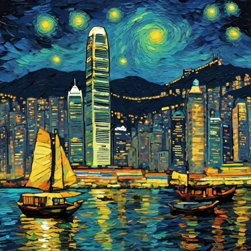 Prompt: hong kong harbor at night in van gogh style
