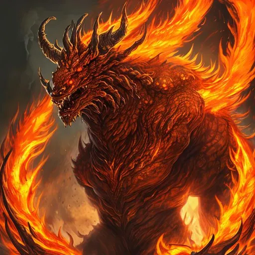 Prompt: fire spirit, fire beast, ancient creature, divine, fierce beautiful female, cold smile, inferno, red eyes, realistic, detailed, sharp, focused, shooting gigantic fire from hand, burning earth, volcano eruption