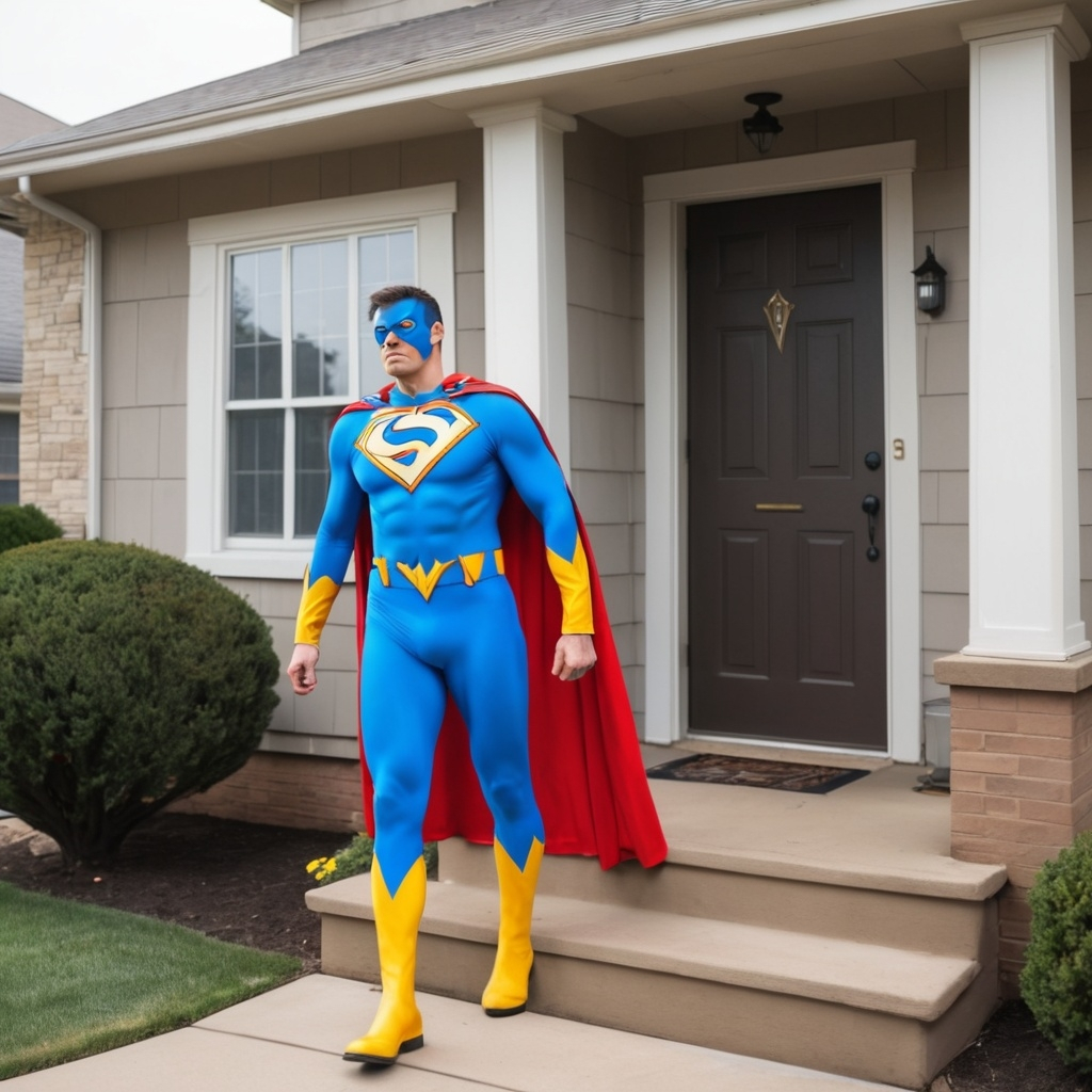 A thunder man superhero walks out of his house