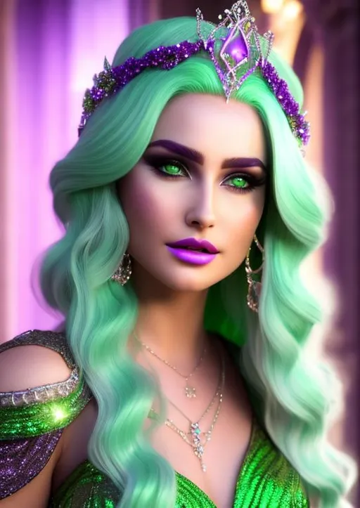 Prompt: High-resolution hyperrealistic photo of amora-the-enchantress merged with clea-the-sorceress-supreme, platinum-blond hair, purple and green costume, photorealistic, highly detailed, uhd, hdr, 64k