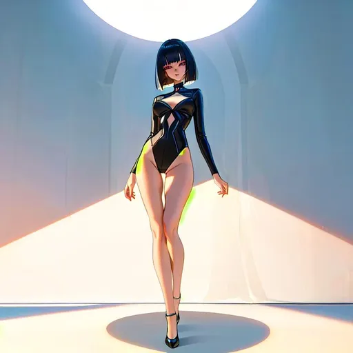 Prompt: a lonely AI girl, very tall, thick thighs, wide hips, huge glutes, long legs, slender arms, slender waist, big beautiful symmetrical eyes, intriguingly beautiful face, aloof expression, symmetrical face, bob haircut with bangs, wearing Hyper-Minimalist fashion clothes, high-fashion, hyper photorealistic, realistic lighting, realistic shadows, realistic textures, 36K resolution, 12K raytracing, hyper-professional, impossible quality, impossible resolution, impossibly detailed, hyper output, perfect continuity