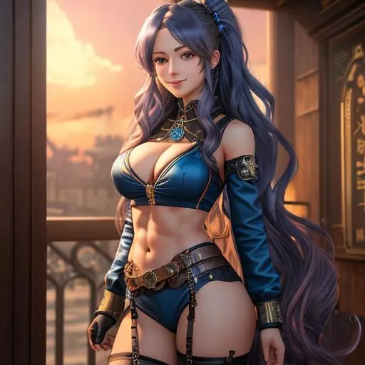 Prompt: extremely realistic, hyperdetailed, steampunk theme, extremely long blue wavy hair anime girl, blushing, smiling happily, wears steampunk clothing, toned body, showing abs midriff, highly detailed face, highly detailed eyes, full body, whole body visible, full character visible, soft lighting, high definition, ultra realistic, 2D drawing, 8K, digital art