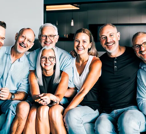 Prompt: Four people sitting on a couch in contemporary penthouse laughing