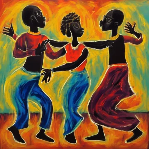 Prompt: painting of two men and one woman dancing african