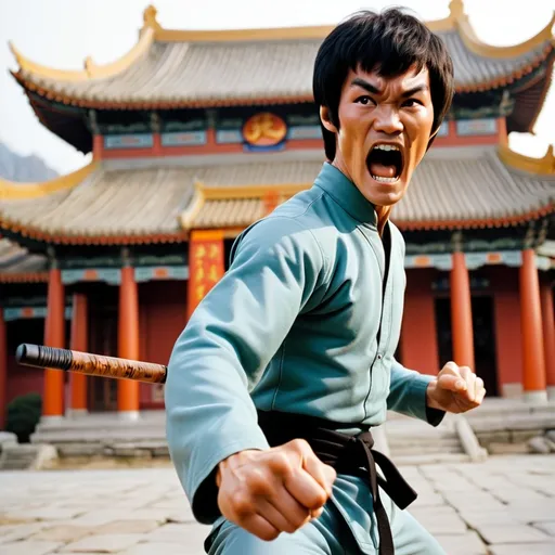 Prompt: Bruce Lee trzyma nunchaku, coś wykrzukuje, jest akcja zadawania ciosu/ z tyłu klasztor shaolin