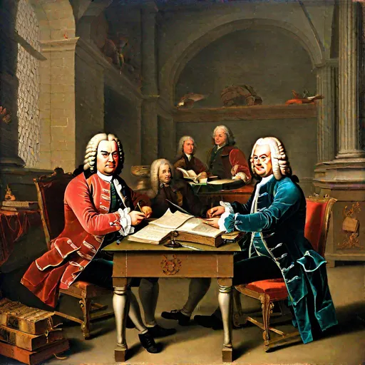 Prompt: A painting of Johann Sebastian Bach and Georg Friedrich Handel sitting at a table and discussing, early 18th century, highly detailed, natural colors