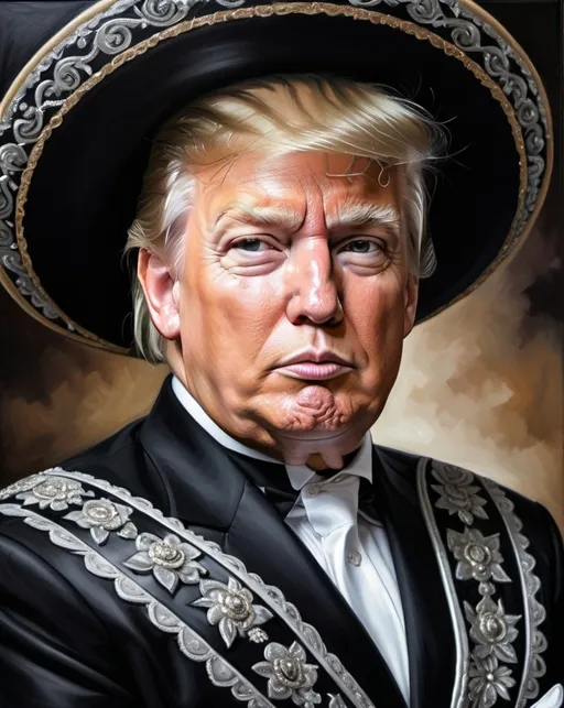 Prompt: close up oil painting portrait of a donald trump in an traditional elegant black with silver linings mariachi outfit , background dark brown, elegant, jesus helguera style
