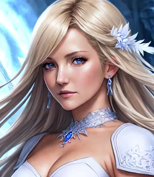 Prompt: a final fantasy watercolor concept art with Kate Hudson, blonde hair, , casting white light in white battlemage outfit, university setting, parted bangs, cleavage, ethereal, fancy jewelry, royal vibe, highly detailed, digital painting, , Trending on artstation , HD quality, tan skin, Big Eyes,artgerm,by yoshitaka amano