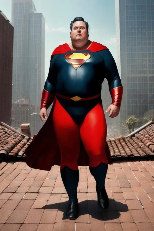 Prompt: old drunk and fat super-man, walking on the roof, full body, suit without mask on head, black and red color, hyper realistic, high fantasy, artstation, detailed, random background, cinematic