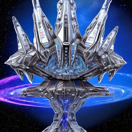 Prompt: Bio-Space ship of metallic flesh, crystal form, squid ship, symmetrical , in the style of farscape 