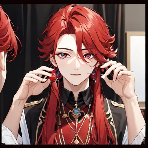 Prompt: Zerif 1male (Red side-swept hair covering his right eye) getting ready for his concert backstage, in the dressing room, UHD, 8K, highly detailed, symmetrical, up-close