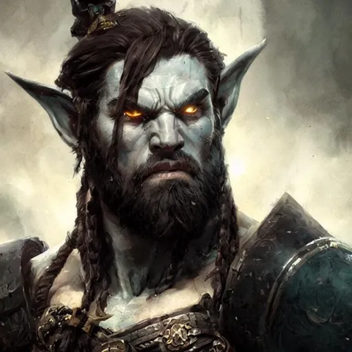Prompt: Portrait painting of a barbarian half-orc. With grey-green skin tone and elf ears. by Greg Rutkowski and Craig Mullins, Dark atmospheric and cinematic lighting