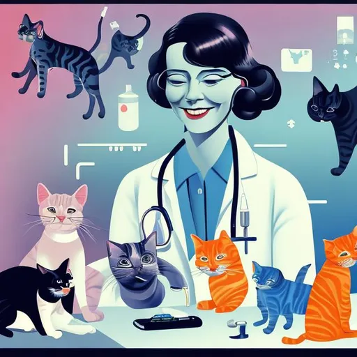 Prompt: smiling veterinary technician, talking on the phone and typing on keyboard, with cats en dogs surrounding, 4k, futurism, rosina wachtmeister style