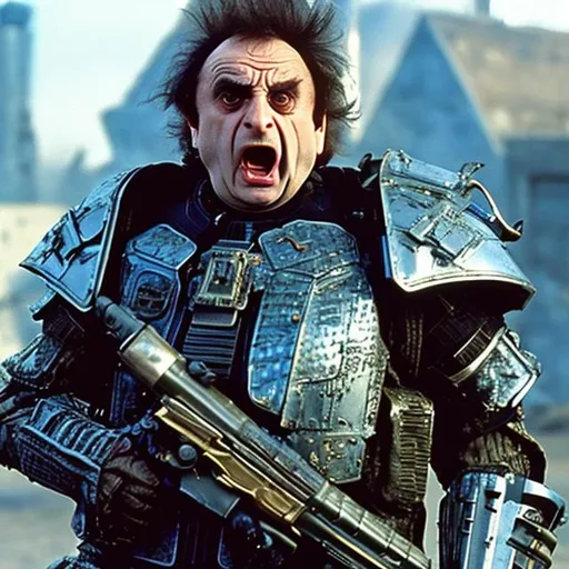 Prompt: A 28 year old Sylvester McCoy shouting angrily wearing an armored futuristic scifi military uniform and holding an advanced exotic shotgun in full color