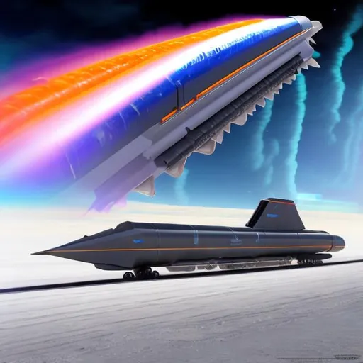 Prompt: hypersonic launch sled on an electromagnetic rail, like a hypersonic train, LOX/LOH clouds erupt out the back as it gains speed acting like the first stage, sleek hypersonic design for acquiring speed for launch into deep space, as it cruises along the salt flats on its rail, its payload a hypersonic scram jet at its 15 degree shroud 