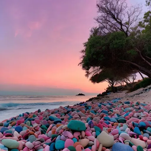 Prompt: cotton candy skies with a few trees and beach made of pebbles