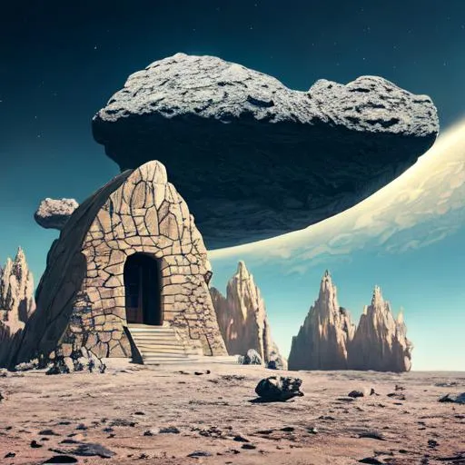 Prompt: a house carved out of a large asteroid hovering in the sky::surrealist dreamlike imagery::i can’t believe how beautiful this is --ar 3:4 --q 2 --v 5