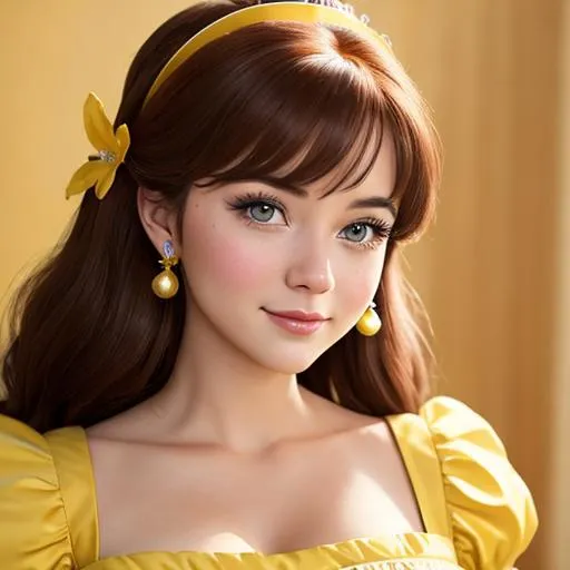 Prompt: Disney Princess Belle in a yellow dress, , facial closeup