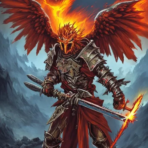 Prompt: Flame head knight with a chainsaw sword, wings made out of swords flying over a mountain losing a battle