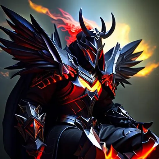 Prompt: A demonic knight with demon wings sitting on a demonic throne with flames 