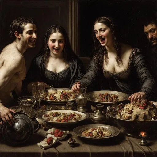 Prompt: Death, Devil, Plague and War at the pesant's dinner table, feasting, mold, dirt and trash is everywhere, the host is laughing, candle light, darkness, harsh lighting, classical painting, titian style, horror style, highly detailed faces.
