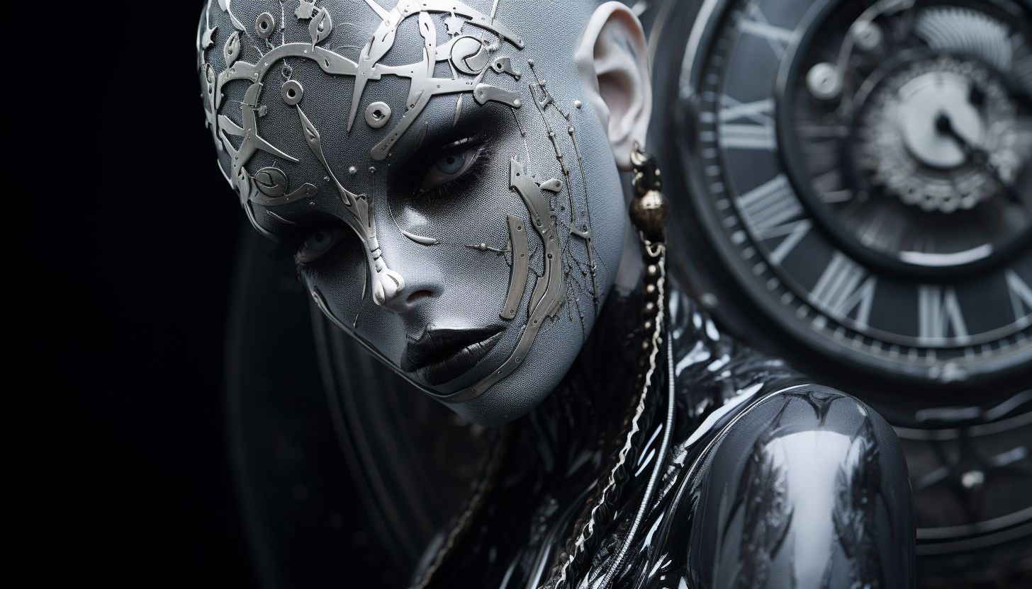 Prompt: london artist hsinalu scifi clock, in the style of fashion photography, dark silver and silver, canon eos 5d mark iv, body art, aggressive digital illustration, blink-and-you-miss-it detail, back button focus --ar 128:73 --v 5.2