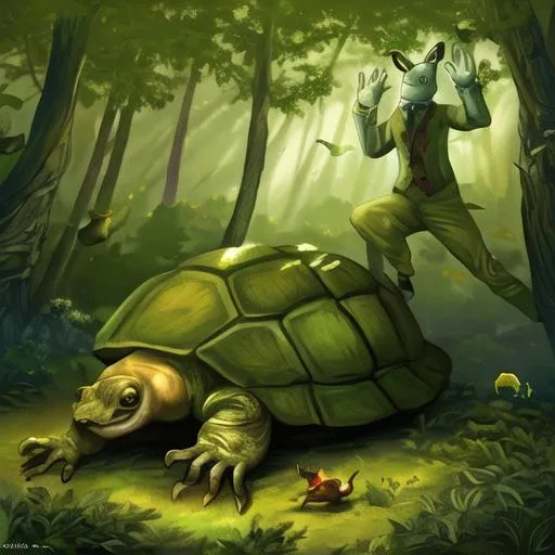 Prompt:  The Tortoise and the Hare fable, by David Nguyen, artstation, forest setting, anthropomorphic animals, moral lesson, vibrant colors, dynamic composition, humorous elements, lively energy, dramatic lighting, whimsical atmosphere