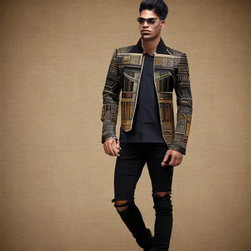 Prompt: Men's black jeans jacket with a design inspired by the ancient Egyptian civilization mixed with modern elegance