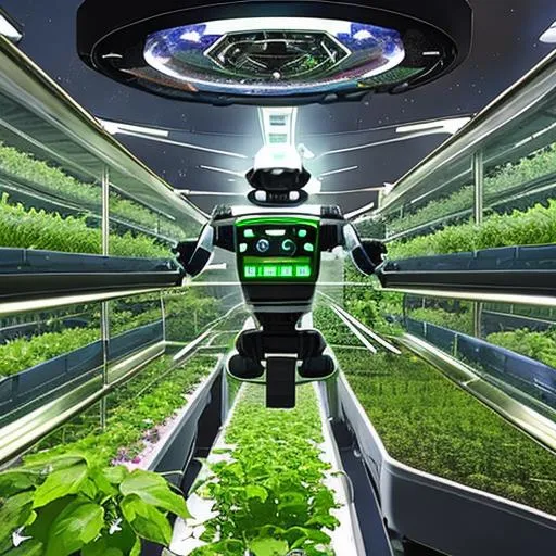 Prompt: outer space, spaceship, hydroponics, garden, robot farmer