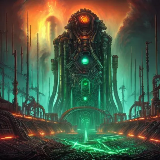 Prompt: Fantasy art style, painting, metal, chrome, Evil, dictatorship, green neon lights, neon lights, green lights, futuristic, power plant, nuclear power, biological mechanical, dystopian, war machine, pipes, tubes, cables, nuclear weapons, weapons, monolith, eyes, teeth, brutalist, fog, smog