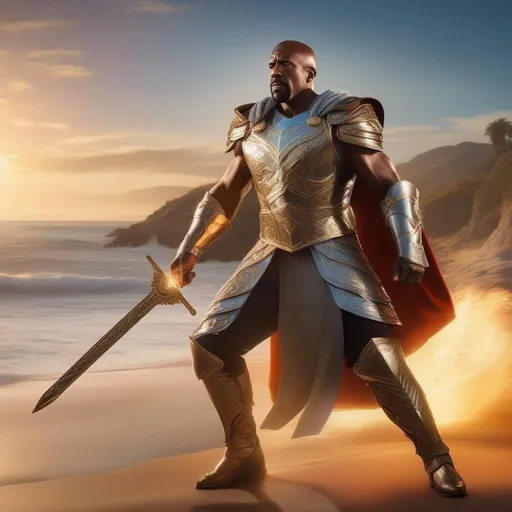 Prompt: Terry Crews as Nicolas Cage,  gentleman, fashion rocks, Warrior in battle stance wearing intricate Holy plate armor, wielding a sword and staff, background shoreline, warm lighting, concept art, smooth, 