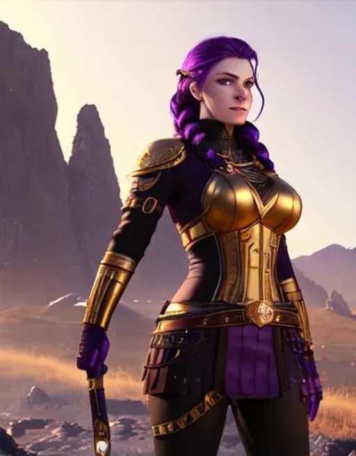 Prompt: Digital art, 20-year-old woman viking, subtle smile, dark purple hair, one braid, light blue eyes, black gear, gold armor, unreal engine 8k octane, 3d lighting, sunlight in front, full body, full armor