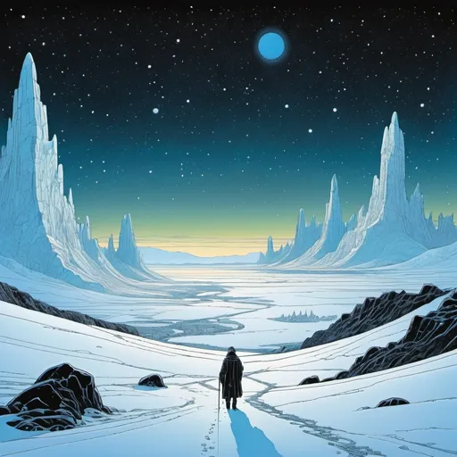 Prompt: Icy alien landscape under black starlit sky, comic illustration in style of Moebius, Jean Giraud