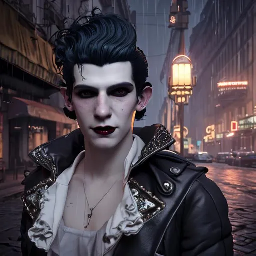 Prompt: beautiful mid-twenties goth young french male, dandy, decadence, smile, long black hair shaved sides, art deco berlin, portrait, realistic details, photorealistic, 8k render, cinematic lighting, ultra detailed