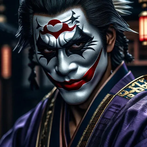 Prompt: Portrait of {  Ninja joker} in  {edo era Japan}, perfect composition, hyperrealistic, super detailed, 8k, high quality, trending art, trending on artstation, sharp focus, studio photo, intricate details, highly detailed,happy face, by greg rutkowski