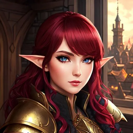 Prompt: half body portrait, female , elf, paladin, detailed face, detailed eyes, full eyelashes, ultra detailed accessories, detailed interior, city background, full robes, wearing armor, heavy armor, short wavy hair, red hair, dnd, artwork, dark fantasy, tavern interior, looking outside from a window, inspired by D&D, concept art, night time