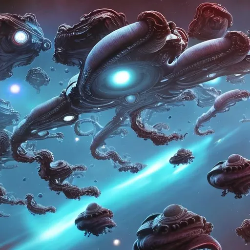 Prompt: sci-fi space war, planetary invasion of alien planet, alien ships look like octopuses, pov from space, from invading fleet, formations, laser beams, symmetrical, extreme wide shot