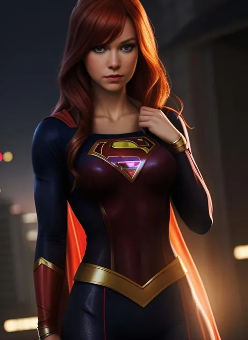 Prompt: Mary Jane Parker as supergirl, 8k, UHD, detailed hair, slender, cinematic lighting, 