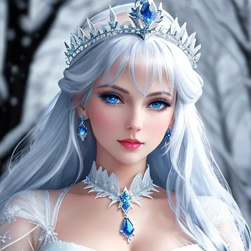 Prompt: Snow queen, wearing sapphire jewelry , blue eyes