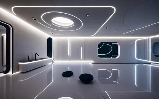 Prompt: modern futuristic interior with liminal space. cinematic lighting, soft color palette, after effects, lightroom, futuristische Elements, mediterrane. Architectural magazin picture. Cinematic.