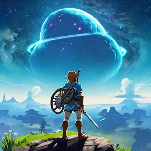 Prompt: Zelda breath of the wild with link looking over Hyrule with the sky being a galaxy