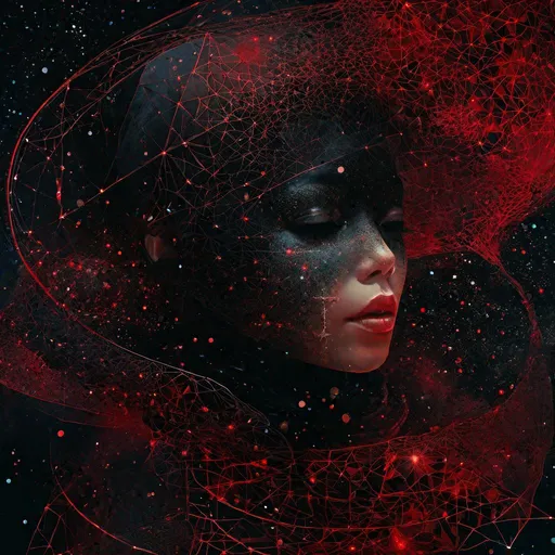 Prompt: "Black and red : a smiling happy little ghost : shiny aura : highly detailed : nacreous filigree : intricate motifs : organic tracery : by Android jones : Januz Miralles : Hikari Shimoda : constellations map by W. Zelmer : perfect composition : digital painting : artstation : smooth : sharp focus : sparkling particles"