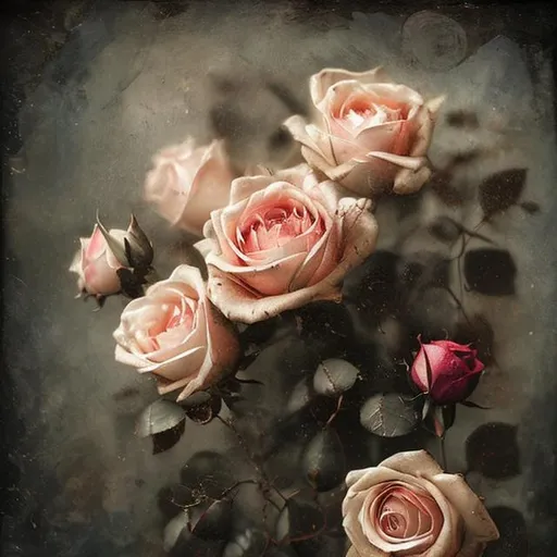 Prompt: moody victorian roses on dark background with fade and crackling in the style of victorian oil painting
