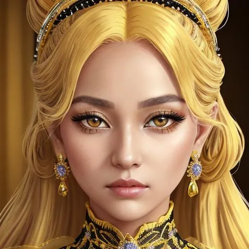 Prompt: Queen bee-A beautiful woman with golden hair arrainged in a top knot behind a gold tiara. Amber colored eyes, gown in colors of yellow and black, facial closeup