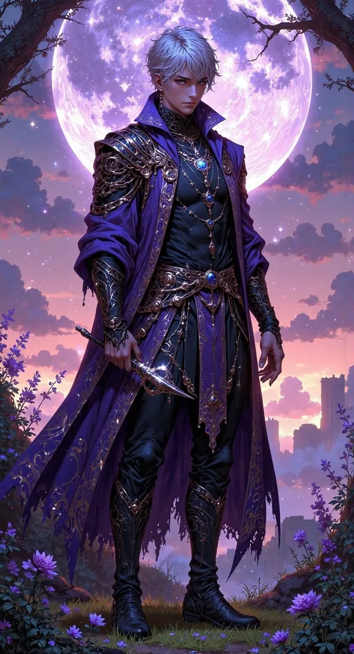 Prompt: ((tall young man)) as a ((magical druid)) with ((dark blonde short hair)), purple eyes, dressed in ornate completely purple layered textured druid gear, left hand holding ((poison blow-darts)).

purple skies, high contrast lighting, ((wide length camera)), eye-level shot, three-quarter angle, wide depth of field. film grain, film textures.

Overall feeling of secrets. The background is a high detailed ancient enchanted dreamscape open grass fields, filled with toxic plants.